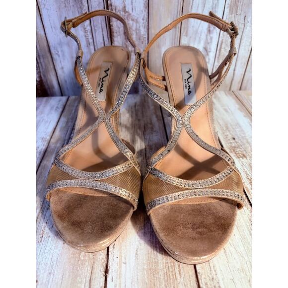 Nina Blossum Champagne Rhinestone Evening Sandals - 9.5 - Picture 3 of 8